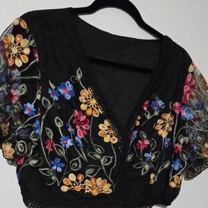 SHEIN Black Top with Multicolor Floral Embroidery